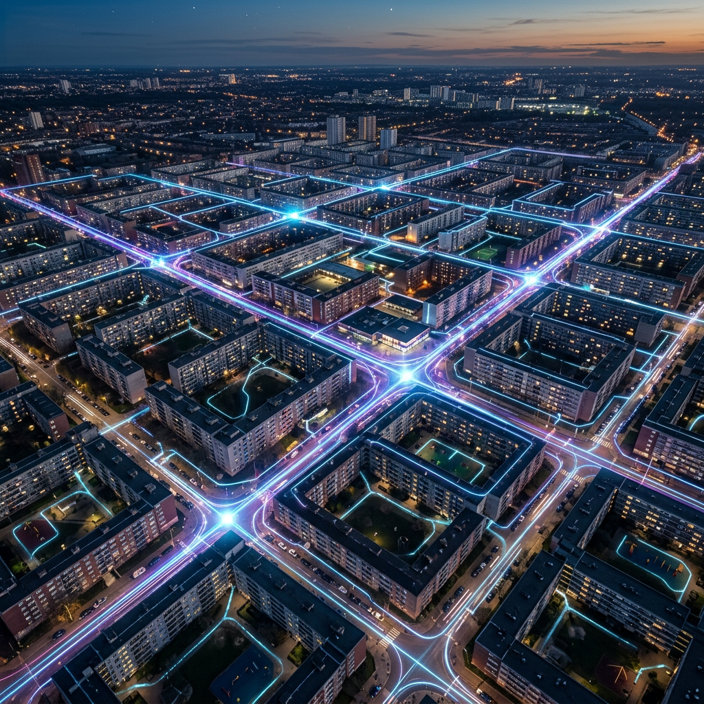 Aerial night view of city blocks with illuminated neon blue and purple lines over streets forming a smart network grid